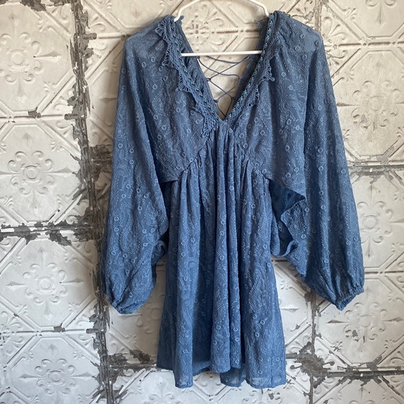 Free People Dresses & Skirts - Gorgeous ethereal fairy princess lace dusty blue cottage core boho flouncy dress